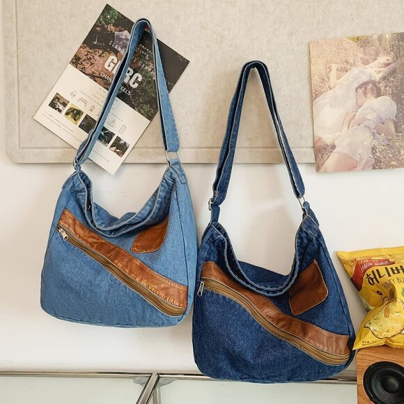 Denim Purse for Women Men Tote Bag with Zipper Crossbody Blue Jean Purses Canvas - Picture 5 of 9